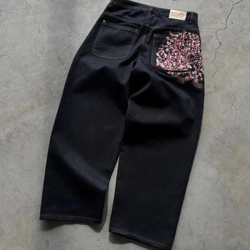 Y2K Baggy Jeans Cherry Blossom výšivka Džínové kalhoty Muži Ženy American Hiphop Streetwear Široká noha džínové kalhoty — image 3