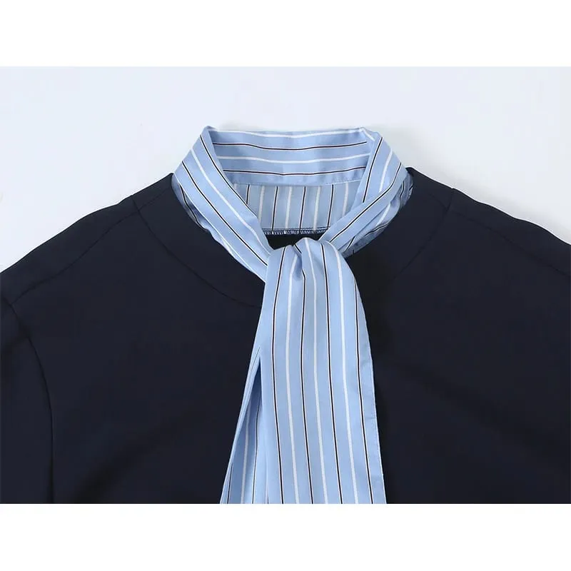 Ladies Contrast Stripe Spliced Casual Short Dress Bow Tie Neck Half Sleeve Ruffled Hem Loose Fit Commuter Dresses — image 3