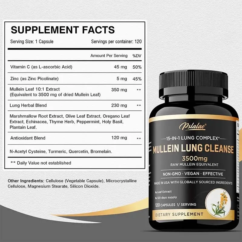 Mullein Lung Cleansing - Lung Clearing Lung Health Immunity - Smoker's Respiratory Supplement Vegetarian Capsules
