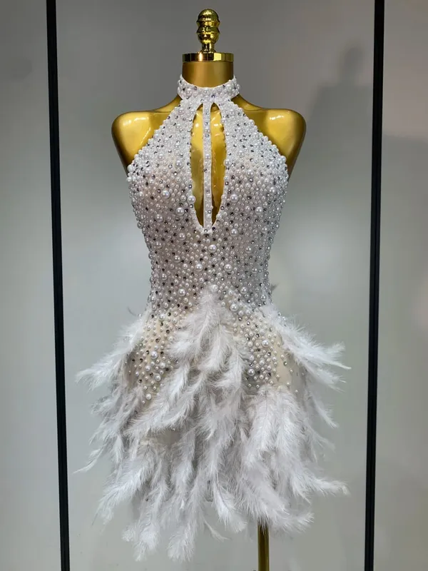 Luxury Rhinestones Pearls Halter Backless Short Feathers Dress Women Sexy Celebrate Birthday Dress Performance Dance Costume — image 7