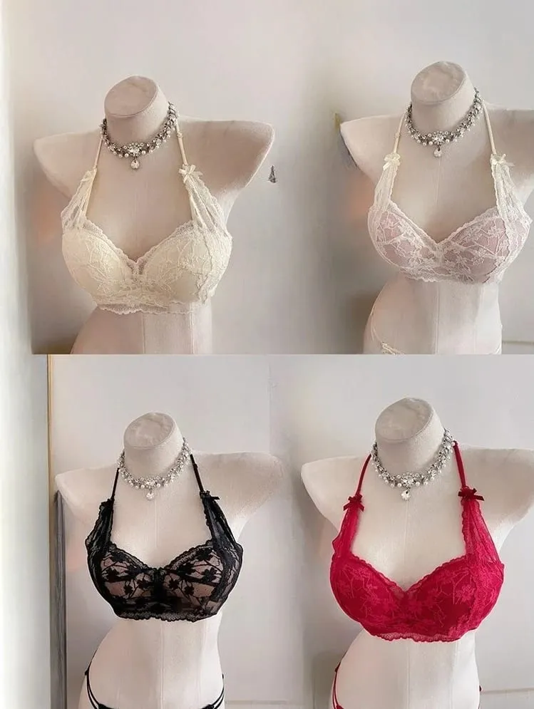 Sweet Halter Neck Bow Lace Wireless Bra Padded Push‑up Brassiere Ladies Layering Intimate Lingerie for Small Bust Size 32‑38 ABC — image 2