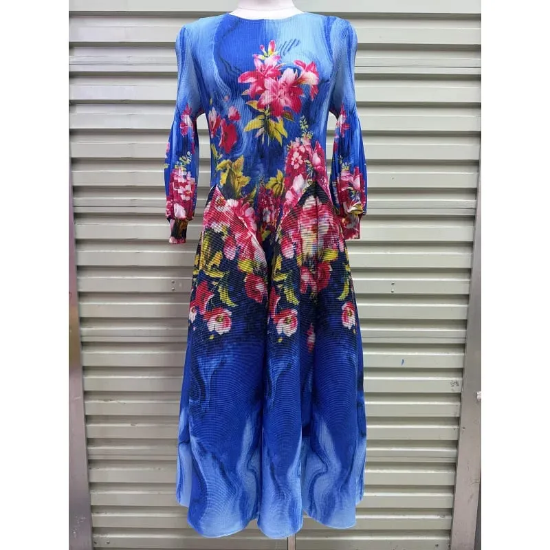 Miyake Plissee Kleider 2026 Herbst Neue Sanfte Französisch Druck Elegante Stretch Plus Größe frauen Langarm Bounce Blume Knospe kleid — image 13
