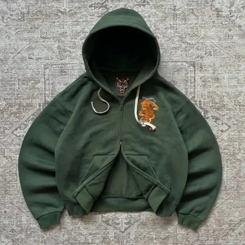 Vintage Bear Print Hoodie Men Retro Green Plaid Patch Pullover Hooded Sweatshirt Casual Streetwear Long Sleeve Women Hoodies Top — image 19