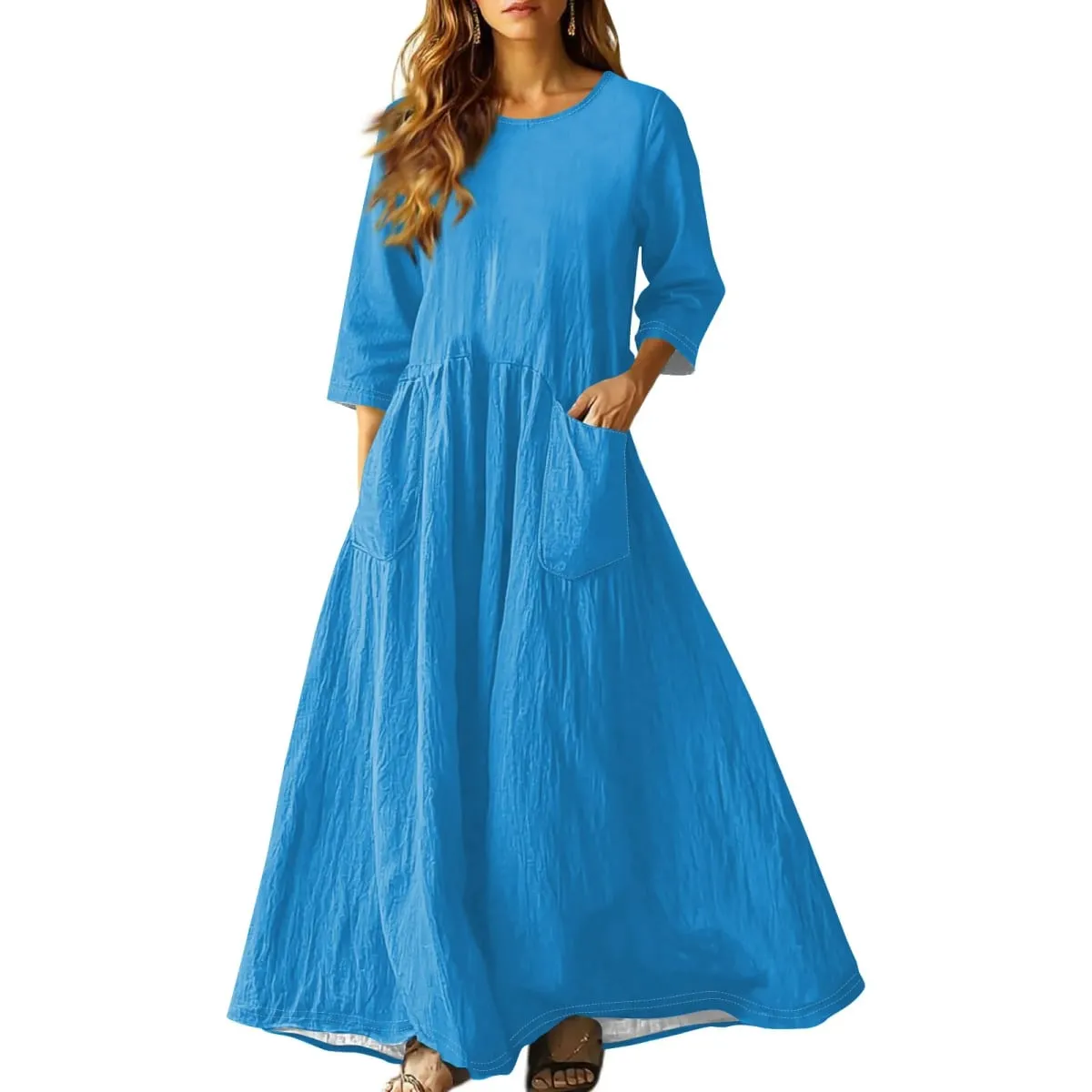 Women's Summer Loose Long Dresses Solid Color Three-quarter Sleeve Double Pocket Dress Loose Round Neck Linen Dress Vestidos — image 6