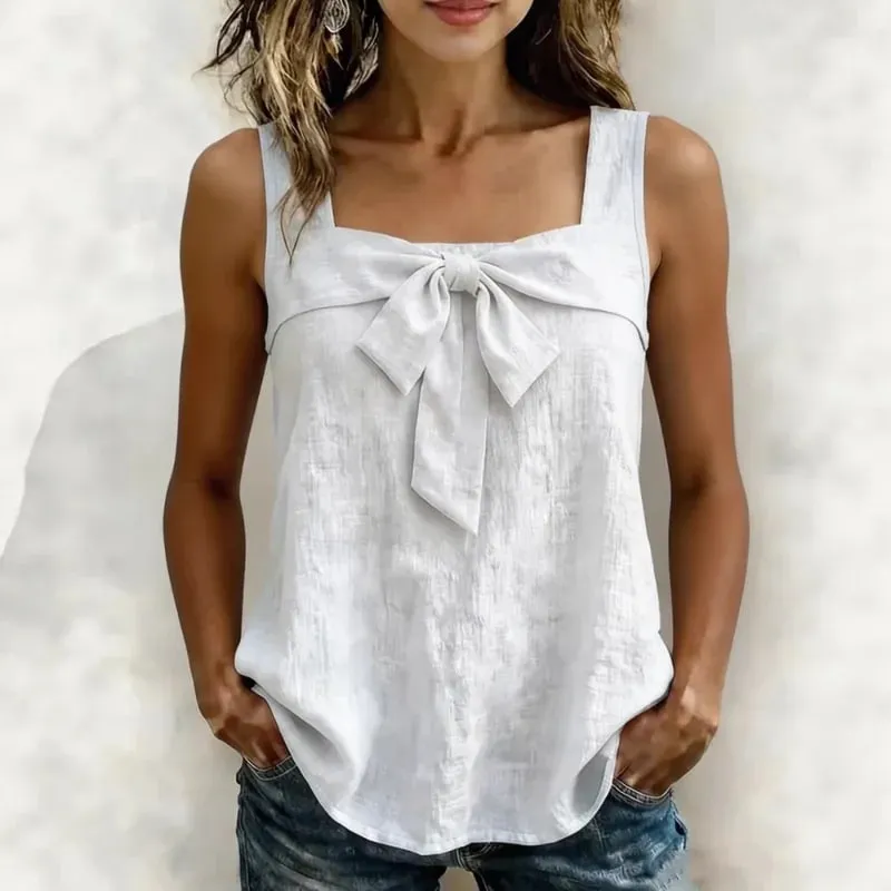 Women Square Neck Sleeveless Tank Tops Front Bow Decor Solid Color Casual Summer Ladies Camisole — image 2
