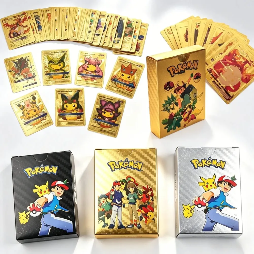 English 10-55Pcs Pokémon Gold Foil Cards Golden Letters English Game Card Charizard Vmax Gx Series Gift — image 1