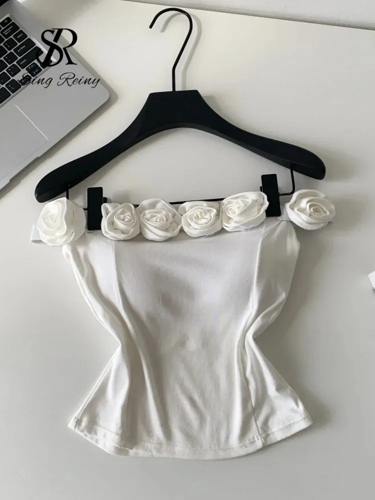 Fashion 3D Floral Solid Crop Top Women Strap Backless Elastic Waist Short Tank Top Korean Holiday Sexy Club Camisole — image 3