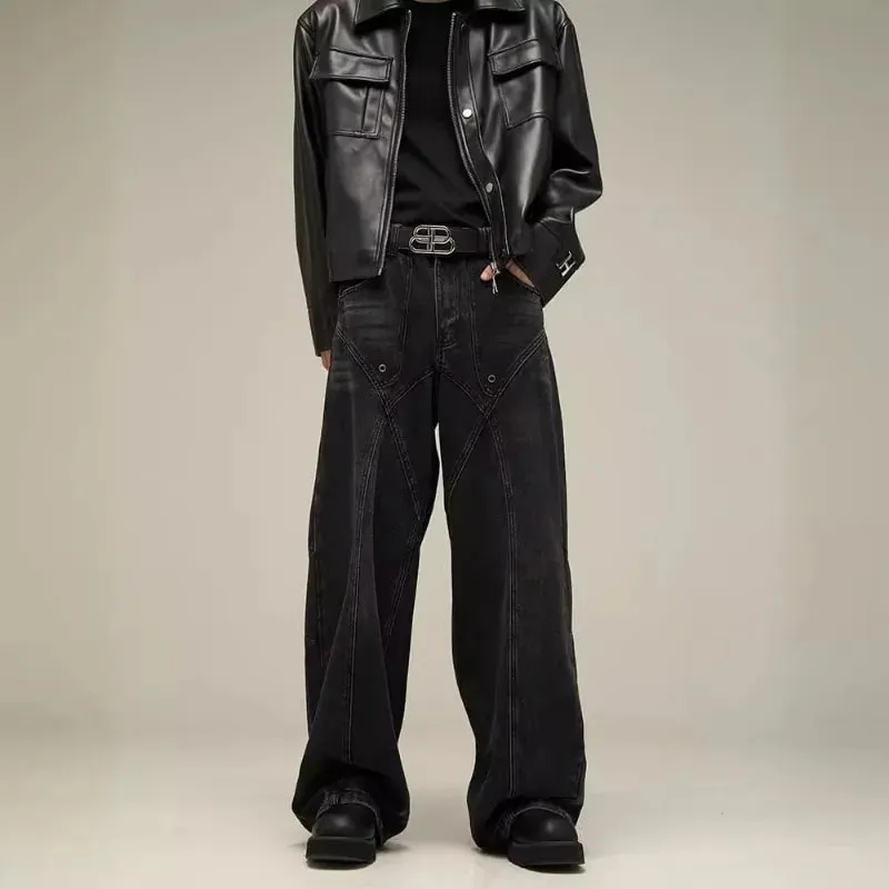 Vintage Black Washed Baggy Jeans Geometric Stitched Seam Wide Leg Denim Pants Y2K High Waist Loose Streetwear Trousers Men Women