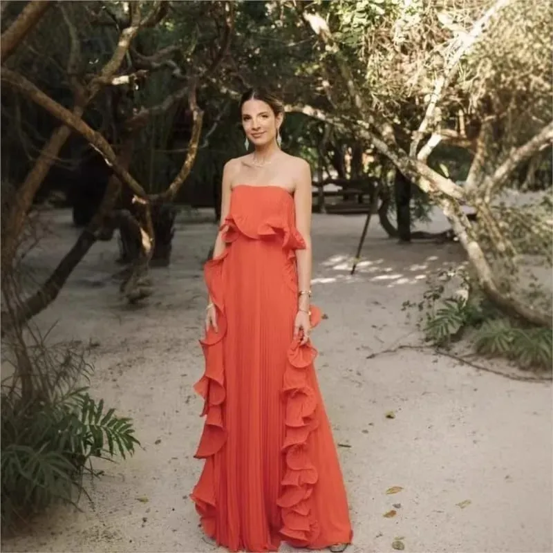 Trendy Women Summer Holiday Dress Orange Pleated Chiffon Long Formal Dresses Custom Made Ruffled Strapless Beach Party Dress — image 5