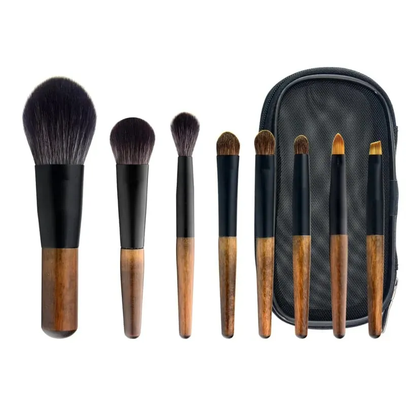 Ensemble de mini pinceaux de maquillage de voyage, avec pochette, manche en bois, brosse cosmétique pour poudre pour le visage, Blush, surligneur, correcteur, fard à paupières, 8 pièces