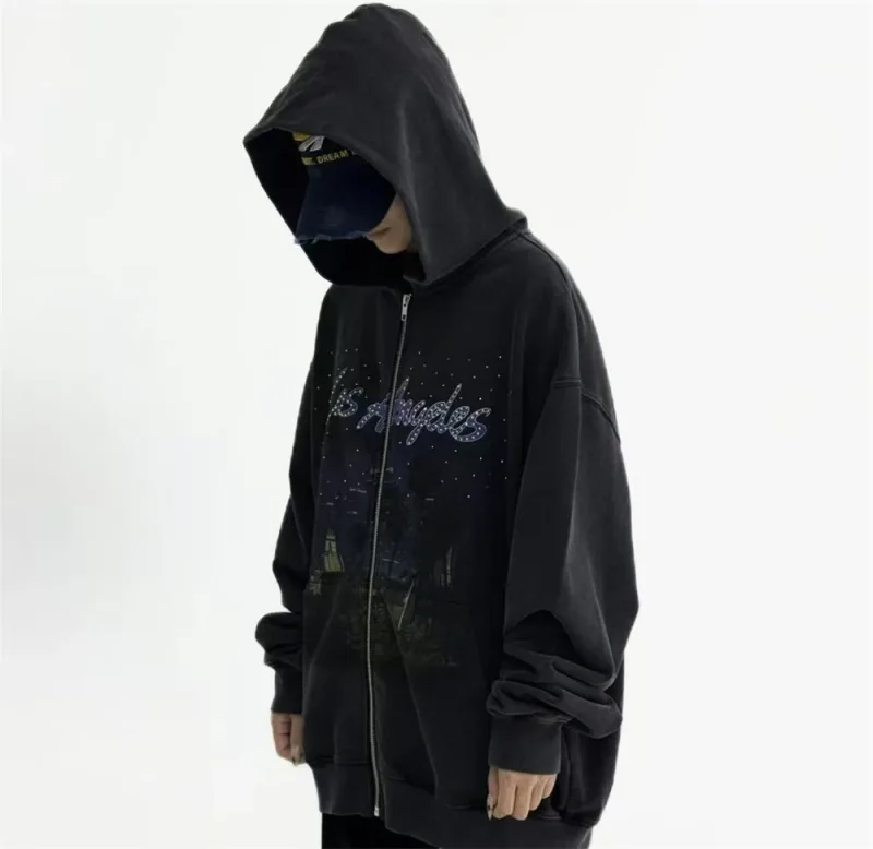 False Rhinestone Starry Sky Pattern Print Washed Zipper Loose Hoodie Street Casual Cotton Versatile Sports Trendy Sweatshirt
