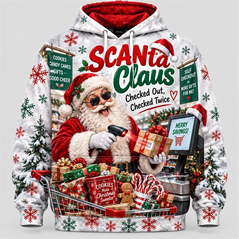 Funny Santa Christmas Hoodie 3D Print Karaoke Sleigh Repair Laundry Snack Holiday Party Pullover Winter Streetwear Gift — image 2