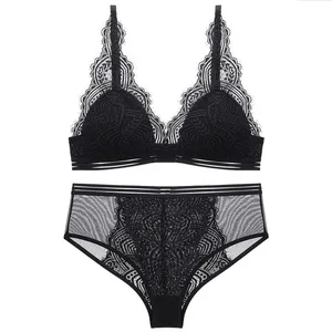 Thin Lined Wireless Lace Triangle Cup Bra and Panties Set Underwear Women Sexy French Lingerie Girls Bra Bralette