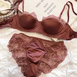 Senhoras francês meia xícara lingerie conjunto macio underwire push up alça fina verão fino leve sutiã 32-38ab