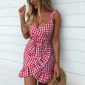 Nako-customize na Plaid Lace Up Bodycon Dress Women Ruffles Summer Dress Off Shoulder V Neck Backless Irregular Bow Tie Dresses