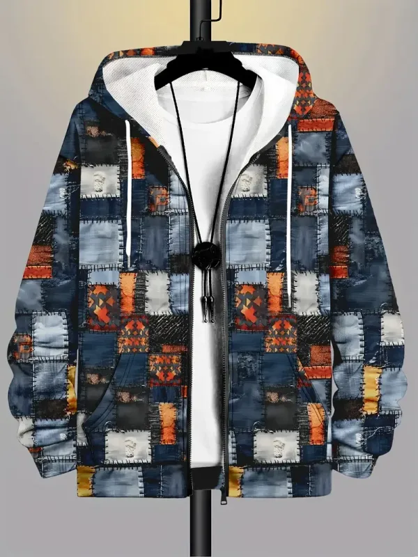 레트로 격자 무늬 인쇄 패치 워크 지퍼 업 까마귀 남성 의류 핫 스타일 긴 소매 풀오버 트렌드 streetwear 남자 지퍼 업 후드