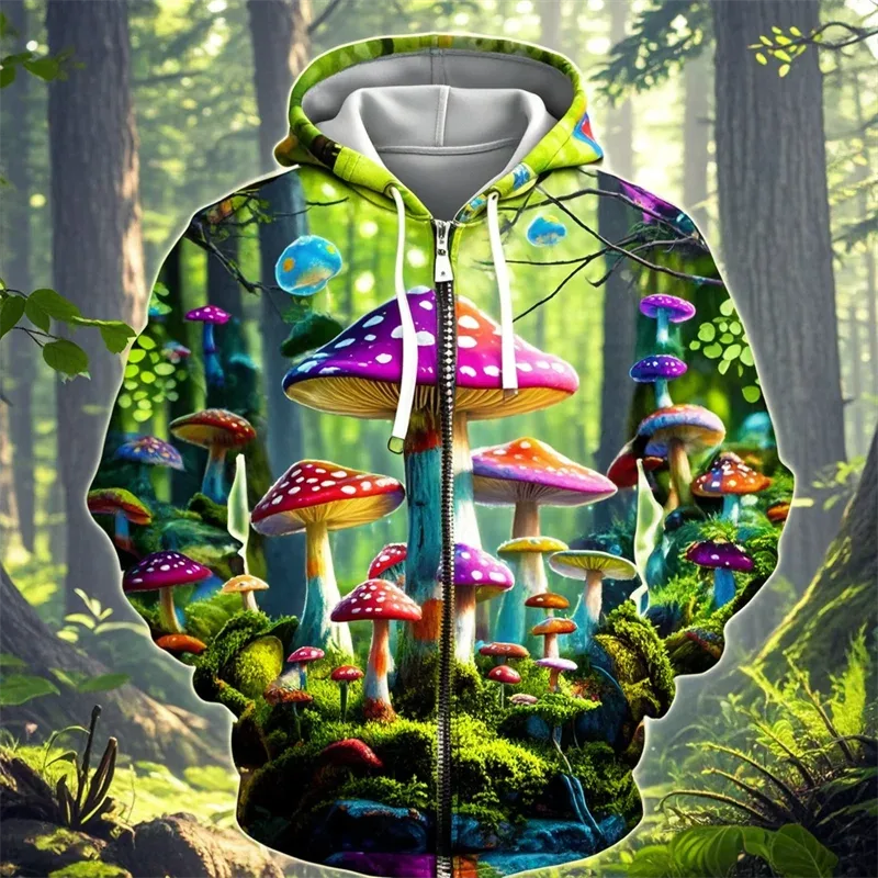 Mantar 3D baskı fermuarlı kapüşonlu kıyafet erkek kadın rahat moda kapüşonlu eşofman üstü erkek büyük boy eşofman Hoodies erkek ceket giyim