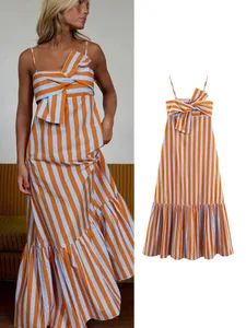 Fashion Women Stripes Print Sling Dress na walang manggas na Bow Front Loose Fit Backless Long Dresses Chic Lady Holiday Robe