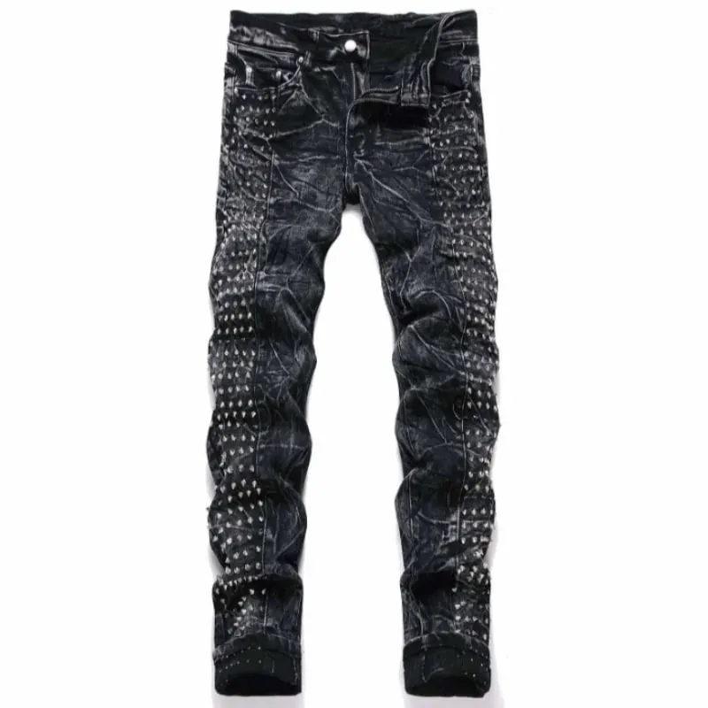 2025 Four Seasons New Retro Punk High Street Trendy Black Washed Outdated Slimming and Outdated Willow Nail Men's Jeans