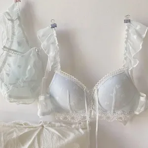 Set Pakaian Dalam Jepun Kawaii untuk Payudara Kecil Manis Romantik Hati Cetak Bralette Selesa Dipakai Setiap Hari Bra Anti-Kendur
