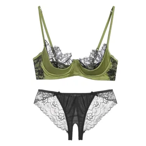 Feminino renda francesa meia xícara conjunto de lingerie verde ultra fino puro macio confortável underwire sutiã para busto pequeno 32-38ab