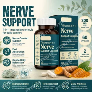 4-in-1 Magnesium Nerve Support Capsules with Citrate Glycinate Malate & Turmeric Extract 60 CT Fast Absorption Formula