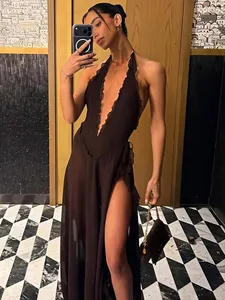 Mozision Halter Deep V Leher Gaun Maxi Seksi Tanpa Belakang Wanita Elegan Off-shoulder Tanpa Lengan High Split Party Club Dress Long Dress