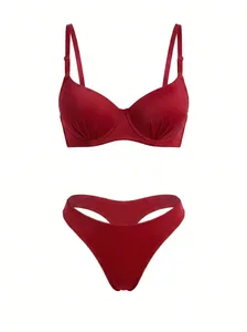 Red Lace-Free Bra Set 3D Molded Cups Encased Underwire for Superior Lift Soft Band for All-Day Comfort & Stability B2087