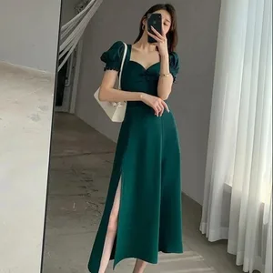 Pakaian Celah Elegan Lengan Pendek Puff Pepejal Fesyen Baru Pakaian Penuh Leher V Wanita Pinggang Tinggi Slim Pesta Malam Vestidos