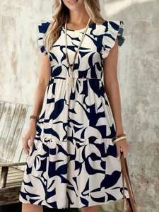 Gaun Midi Berjenjang Lengan Ruffle Gambar Cetak Abstrak Biru Navy Wanita Gaun Kasual Musim Panas A Line Leher Bulat