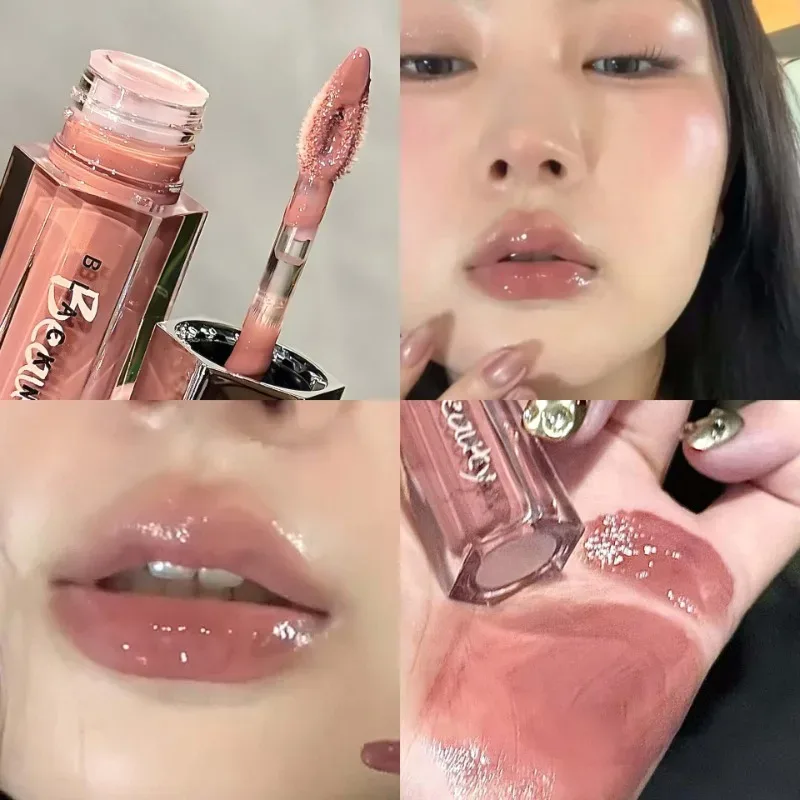 Ais Lutsinar Coklat Lip Gloss Pelembap Berkilat Gincu Cecair Air Bogel Cermin Kaca Cermin Glaze Bibir Makeup Tahan Lama