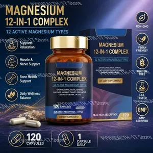 Magnesium 12-In-1 Complex Capsules 12 Active Magnesium Types High Absorption Glycinate Citrate Forms 120 Capsules