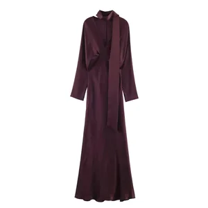 2026 Nytt skjerf Solid Elegante Maxikjoler Dame Vår V-hals Langermet klubbfest Lang kjole Kvinne Elegante Slim Fit-kjoler