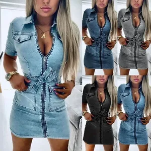 Thời Trang Nữ Tay Ngắn Đầm Denim Dây Kéo Phía Trước Băng Quần Jean Ôm Body Túi Áo Nữ Ve Áo Ôm Mini