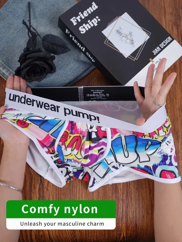 1 Chiếc Nam Cotton Nylon Pha Quần Sịp Boxer Toàn Graffiti In Rộng Dây Thắt Lưng Co Giãn Không Bó Sát Thời Trang thể Thao Quần Lót