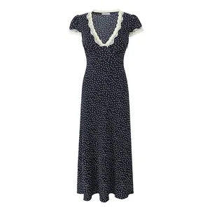 Gaun Panjang Polka Dot Biru Laut Wanita 2025 Gaun Liburan Elegan A-line Lengan Pendek Leher V Potongan Renda Jubah Maxi Musim Panas