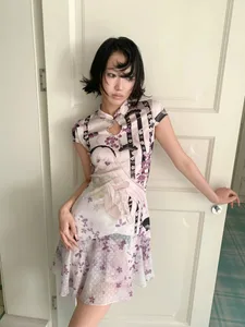 歐美潮流甜美酷女孩七分旗袍洋裝動漫花朵印花中式立領青蛙​​紐扣修身休閒裝
