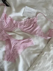 Set Bra Cawan Penuh Tanpa Garis Merah Jambu Berdawai Berdawai Lace Trim Lift Selesa Minimalis Seamless Mesra Kulit Coli Setiap Hari dan Seluar Dalam