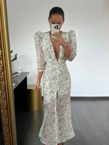 Fesyen Seksi Organza Floral Printed Maxi Dress V-neck Puff Sleeve 2026 Musim Panas Baru Romantik Wanita Gaun Pesta Wanita Elegan Vestido