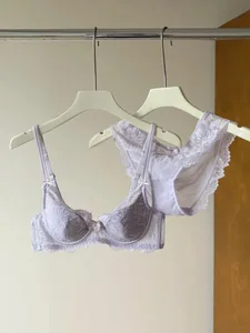 パープルレースブラジャー女性フレンチセクシーな刺繍ソフトアンダーワイヤーミニマイザープッシュアップ抗たるみランジェリーブラジャー 32‑38