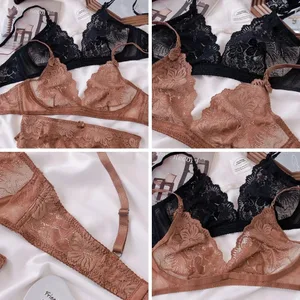 여성을위한 섹시한 블랙 레이스 란제리 세트 편안한 무선 브래지어 & 팬티 세트 대형
