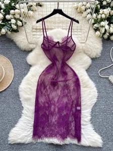 Женское модное тонкое прозрачное облегающее платье Pure Desire, женское новое винтажное сексуальное сетчатое фиолетовое длинное платье с лямкой на бретельках и вышивкой