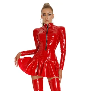 Nữ Ướt Nhìn Cao Su Da Bodycon Đầm Cao Cổ Dây Kéo Phía Trước Mini Bóng Cuồng Vũ Carnival Trình Diễn Trang Phục