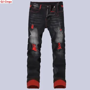 Men's Black Stretch Jeans for Spring and Fall Denim Pants with Red Ripped Details Asian Sizes 28–42.