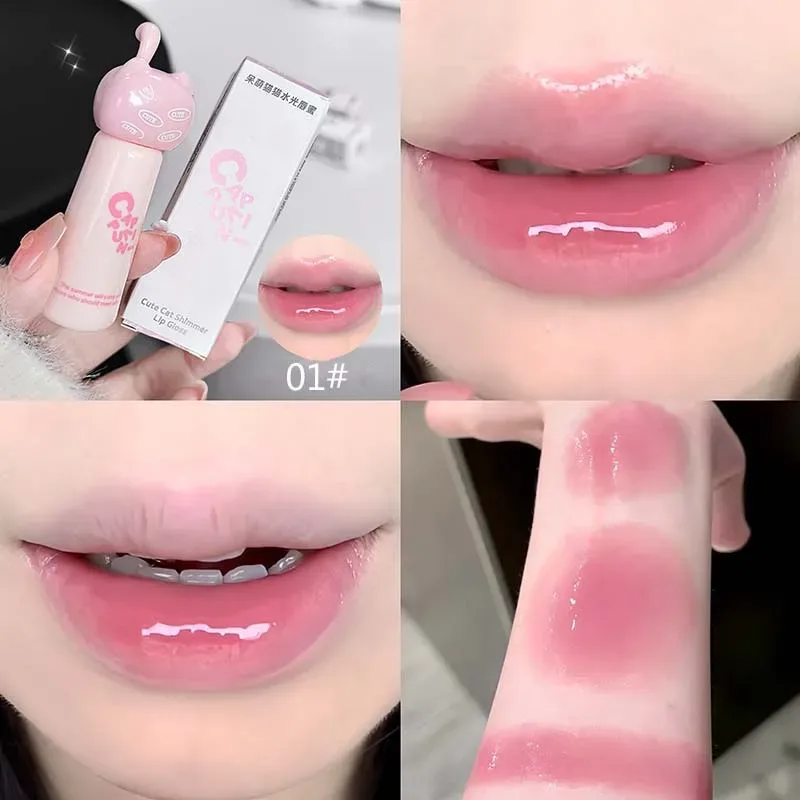 Cute Cat Water Mirror Lip Gloss Стійкий зволожуючий рожевий абрикосовий рожевий відтінок Lip Glaze Nude Lipstick Korean Makeup Girl