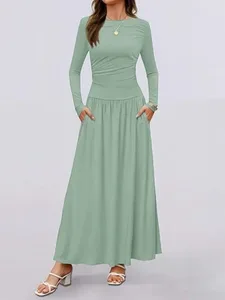 Musim luruh Ketibaan Baru Wanita Lengan Panjang Maxi Dress Selesa Fit Ruched Detail Pelbagai Warna untuk Pakaian Kasual Setiap Hari