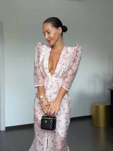 Elegant พิมพ์ชุดสตรี Organza ลึก V คอครึ่งแขนเอว Cinched จีบชุด 2026 ฤดูร้อน Lady Holiday Party Robe