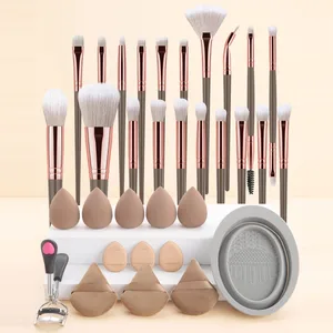 33Pcs Kit Alat Solek 20 Berus Solek Dengan Serbuk Pembersih Mangkuk Pelentik Bulu Mata Set Solek Muka Penuh