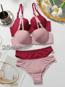 2 Pek Set Bra Empuk Berdawai Bertali Wanita Bra T-Shirt Tekan Ke Atas Pejal dengan Seluar Dalam Padanan Seksi & Selesa Pakaian Dalam Setiap Hari