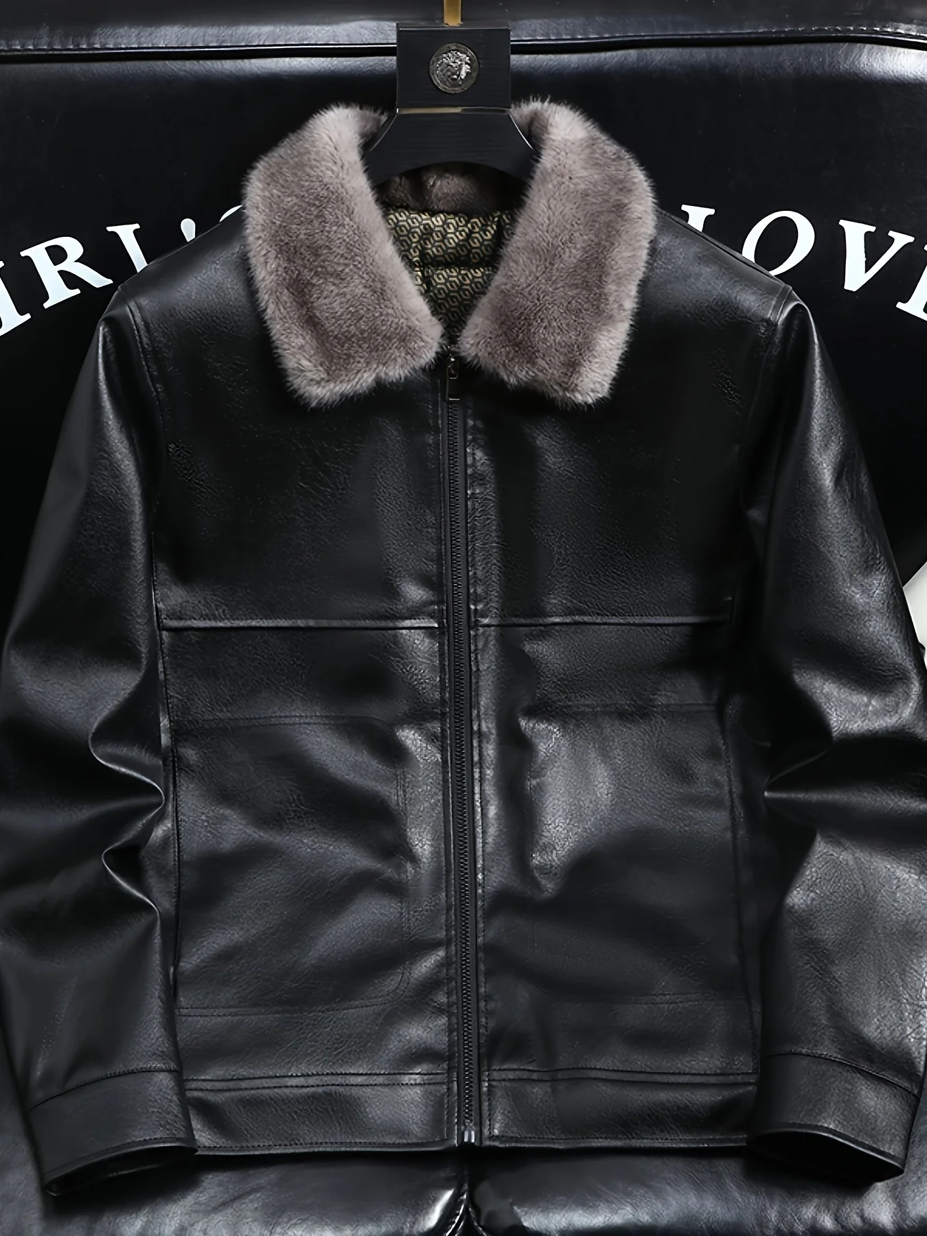 Men's Autumn and Winter Black Gold Graphene Lined Camel Hair Warm Fur Collar Pu Leather Jacket